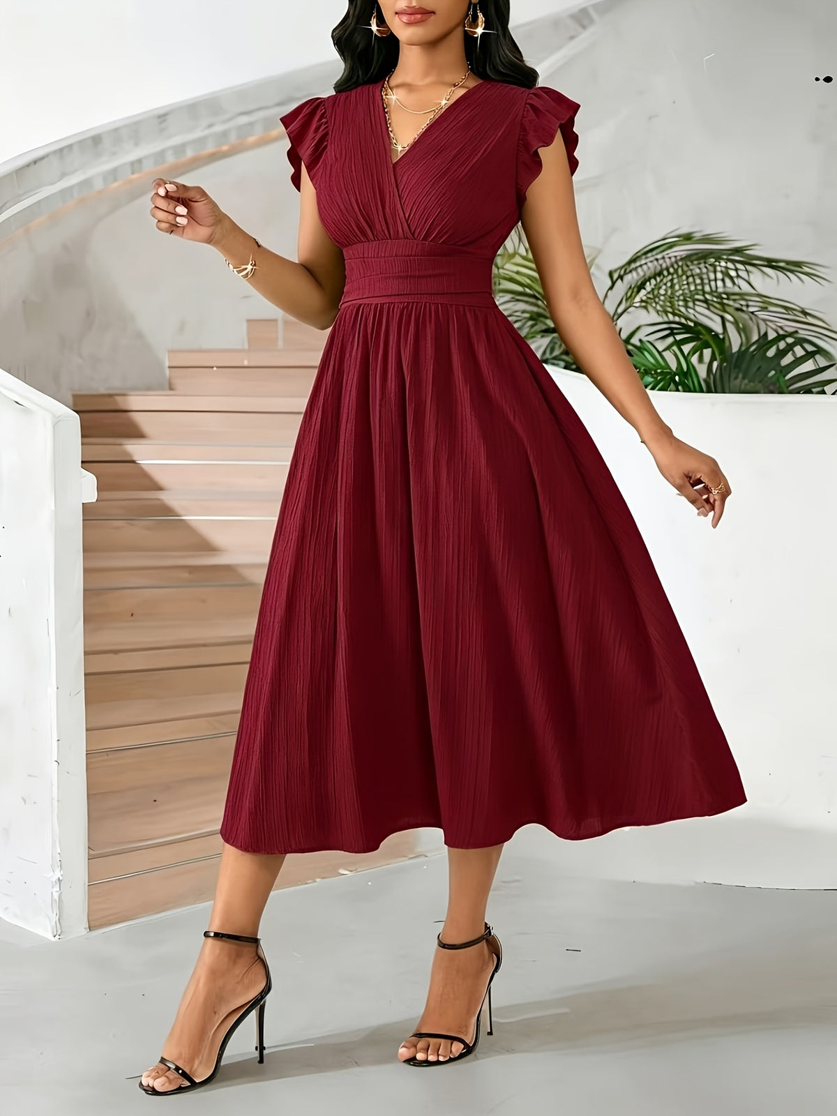 New Spring/Summer Women's Flutter Sleeve V-Neck Casual Midi Dress, a Stylish and Elegant Summer Vacation Outfit - Burgundy