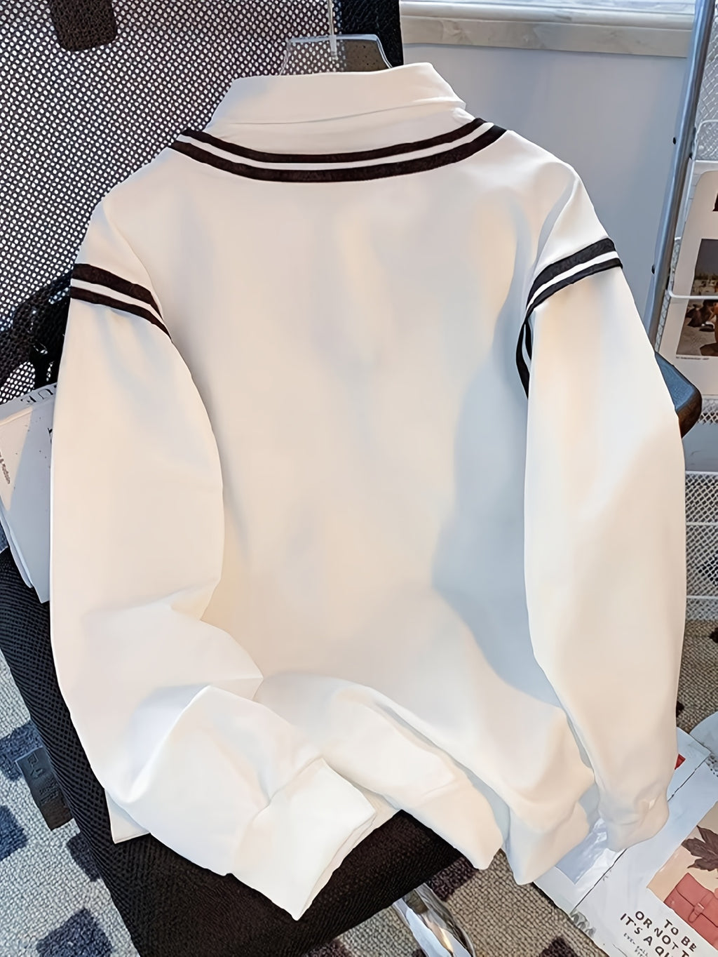 Ladies' Elegant Fashion Bow Print Striped Splicing Sweatshirt - White