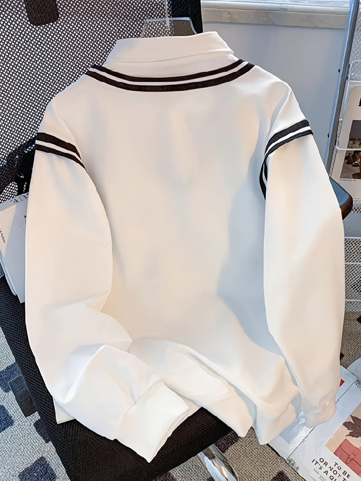 Ladies' Elegant Fashion Bow Print Striped Splicing Sweatshirt - White
