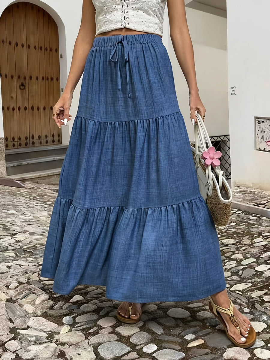 Pastoral Style Blue Ruffled Tiered Midi Skirt for Women, Elastic Waist Flowy Cake Skirt, Loose Casual Flared Skirt, for Daily Casual Wear, Beach Vacation Outfits, Streetwear - Blue