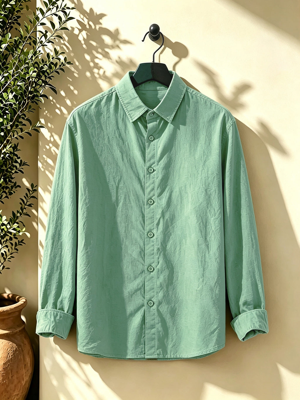 Men's Outdoor Button-Up Long Sleeve Solid Shirt for Back-to-School Season, Regular Fit Suitable for Daily Wear in Spring and Autumn - Green