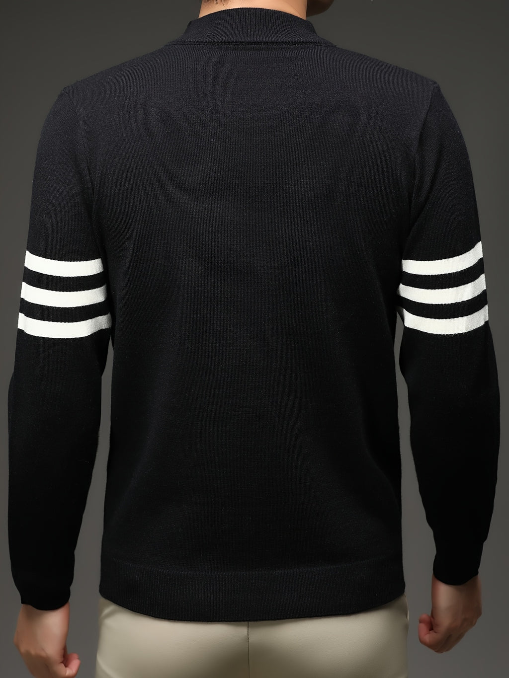 [Wading Whale OBM] 1pc Autumn Winter New Men'S Knit Pullover Sweater, Old Money Style Contrast Striped Round Neck Long Sleeve Knit Sweater for Men, Business Casual Fashion Striped Sweater, Suitable for Spring, Autumn, Winter Layering Or Inner Wear - Black