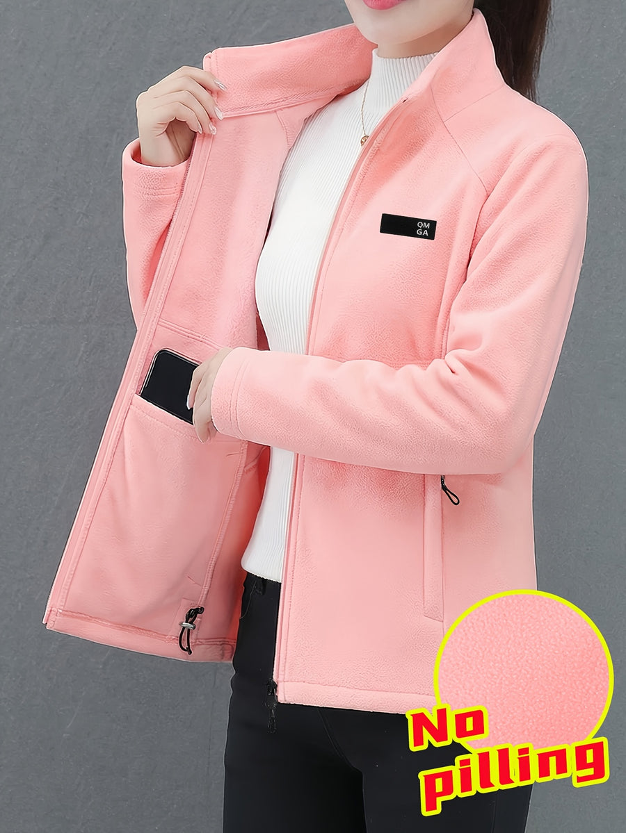 Autumn/Winter Women's Stand Collar Zipper Cardigan, Warm Jacket, Versatile Commuter Outdoor Top - Bright Pink Color