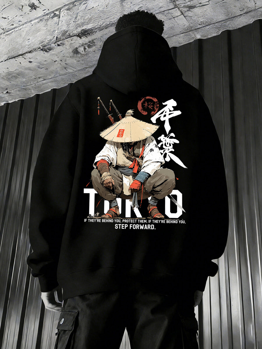 Men'S Japanese Samurai Kendo Warrior Hooded Sweatshirt | Casual Hooded, Heavy-weight, Slight Stretch Fabric, Geometric-pattern, Perfect for Spring/Fall - Black
