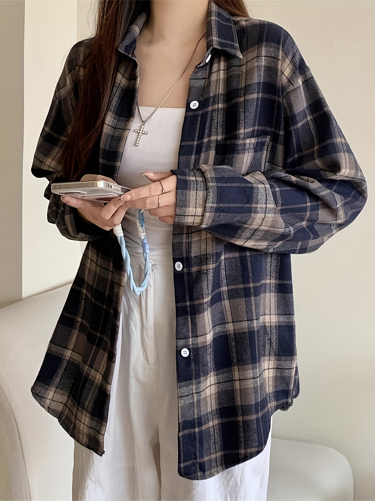 Women's plaid shirt spring and autumn jacket loose lazy style new Korean version versatile casual top spring and autumn thin version petite American retro Hong Kong style vacation commuting essential - Gray Blue Grid