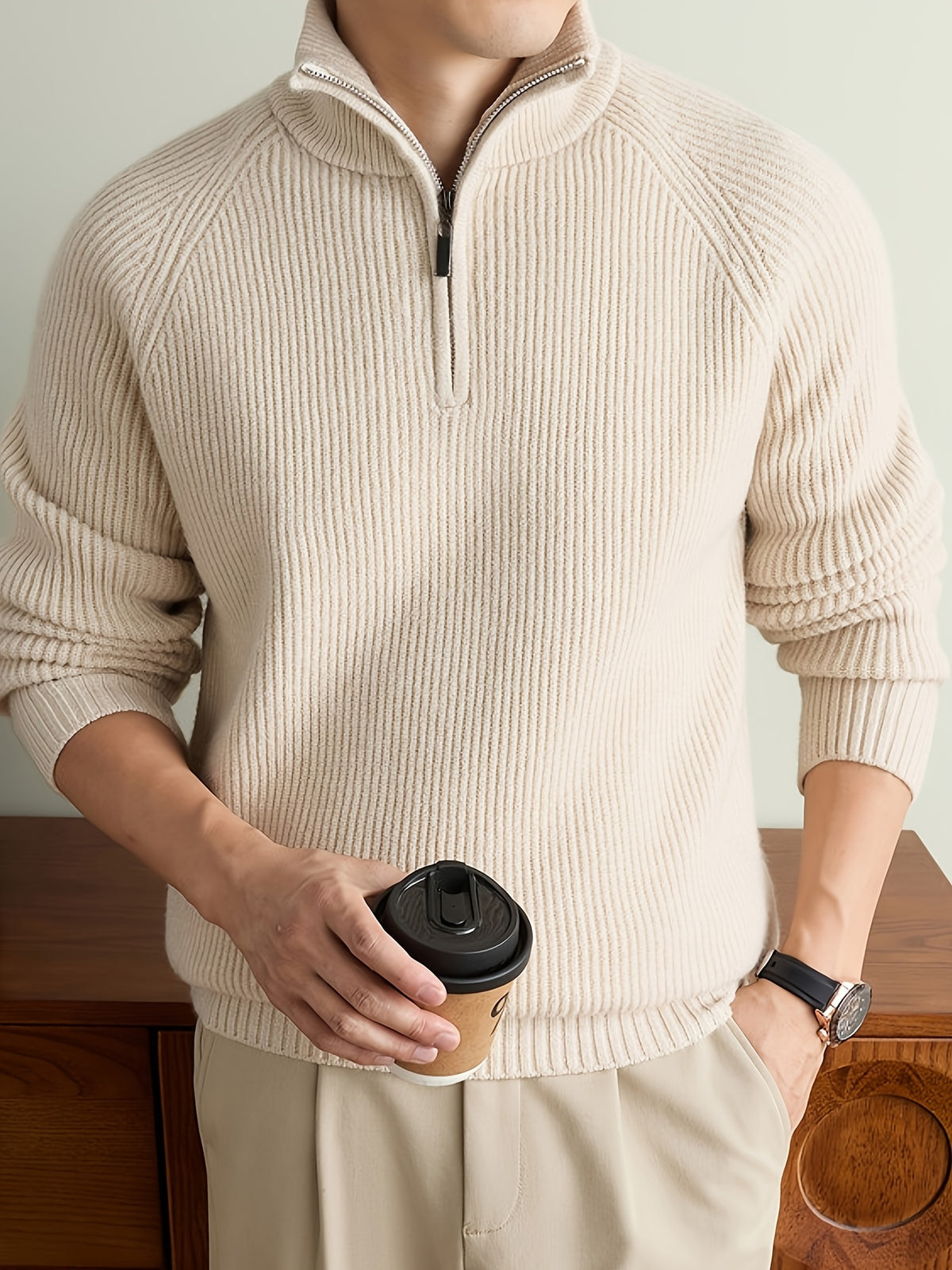 Men's Solid Gray Half-Zip Sweater with Stand Collar & Raglan Sleeves - Warm Winter Knit Pullover, Loose Fit Vertical Rib Texture Suitable for Casual and Light Business Wear, Machine Washable Fall/Winter Sweater - Beige Color