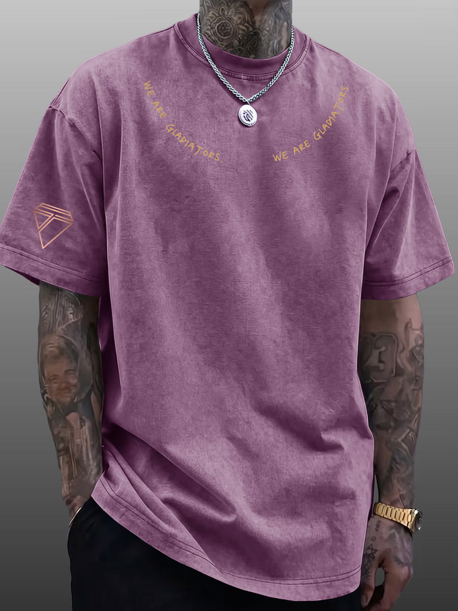 Short Sleeve T-Shirt Men'S Loose Washed Distressed Top Arched Text Triangle Geometric Trendy Print Multi-Color Casual Matching American Street High Street Hip-Hop Couple Style Short Sleeve Daily Outing Commuting Sports Fitness Street Style Y2K Top - Purple