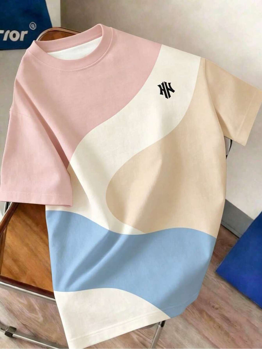Ins-style Simple and Versatile Round-neck Short-sleeve Top with Green and White Wavy Color-block Contrast and Letter Print Design. A Fashionable, Thin, and Breathable T-shirt That Is Machine Washable. Suitable for Daily Commutes, Outdoor Sports - Mix color 5