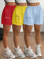 3-Pack Women'S Casual Shorts with Alphabet Print | Elastic Waist, Side Pockets, Fashionable and Easy Design for Daily Wear and Light - Red+Yellow+Blue