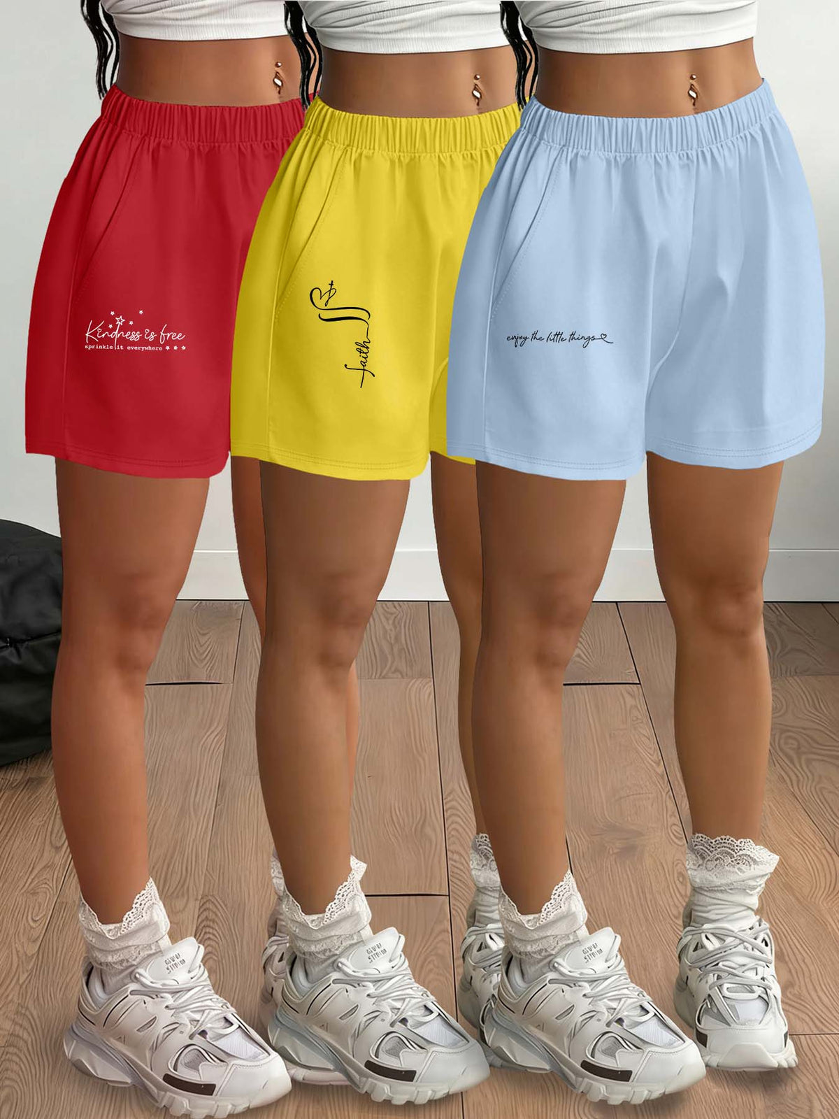 3-Pack Women'S Casual Shorts with Alphabet Print | Elastic Waist, Side Pockets, Fashionable and Easy Design for Daily Wear and Light - Red+Yellow+Blue