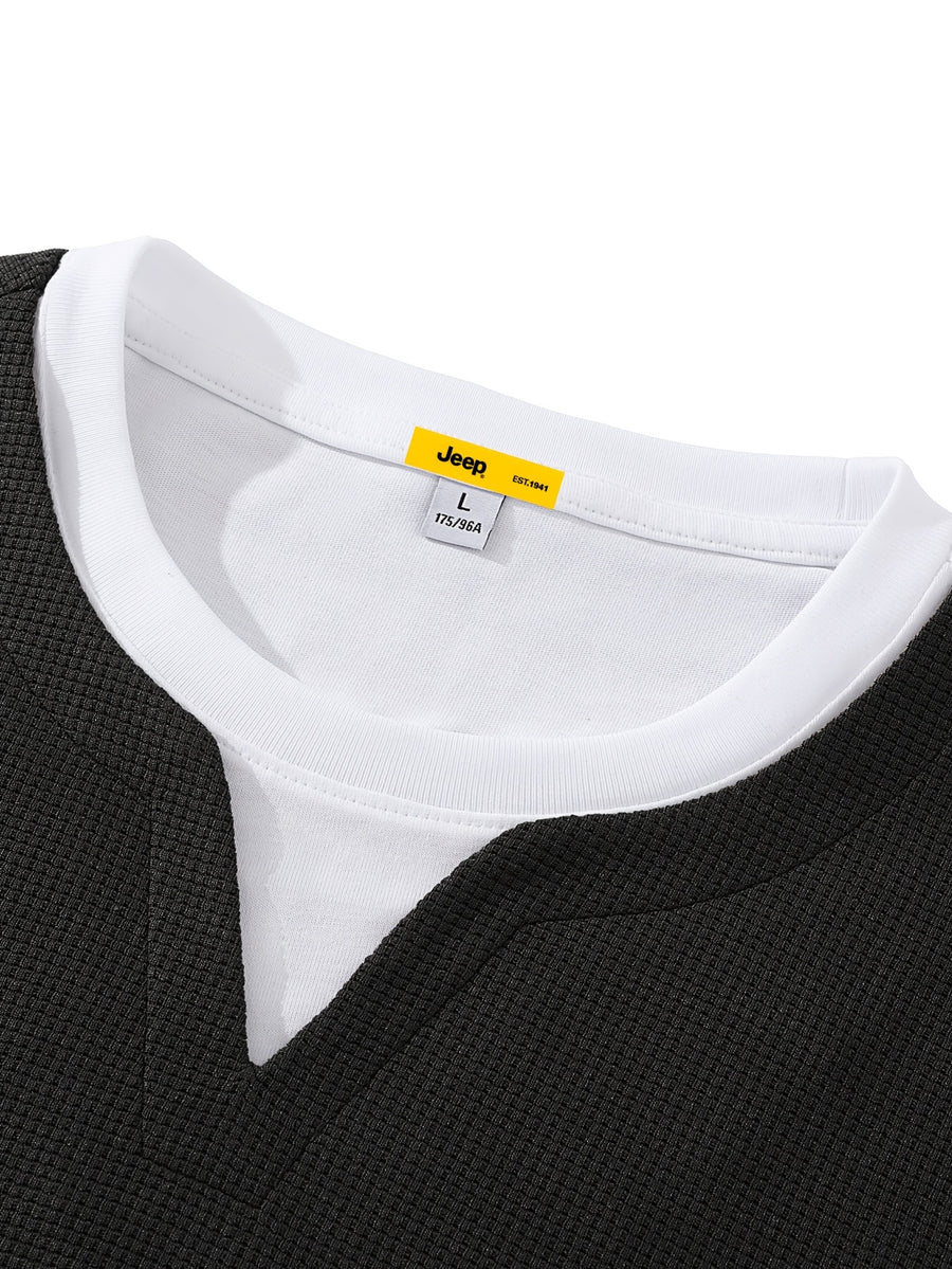 JEEP Men's Spring/Autumn Waffle Knit Colorblock 2-in-1 Look Long T-shirt - Black