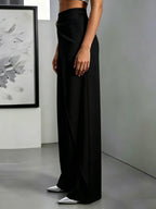 High-Waisted Draped Wide-Leg Pants for Women, Designer Twist Knot Metal Buckle, Elegant Commuter Advanced Feel Long Pants - Black