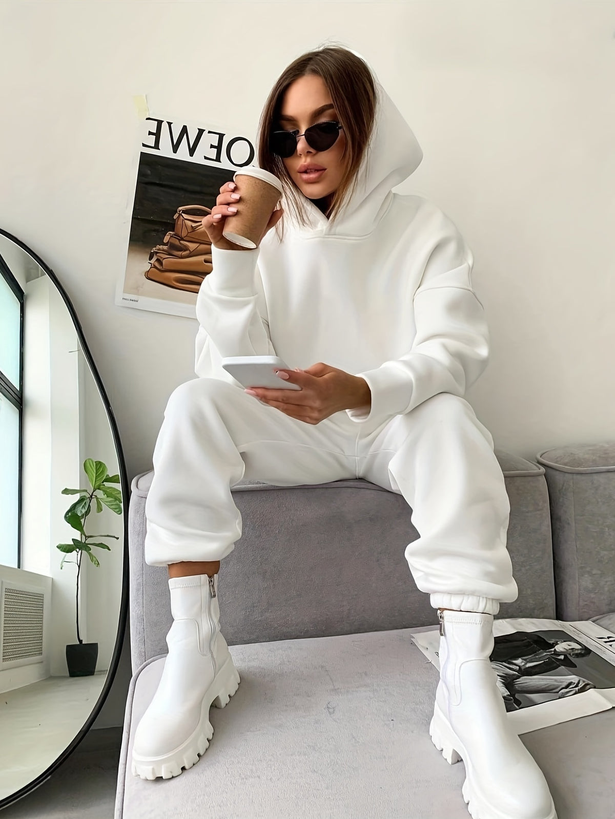 Women's Autumn/Winter New Hooded Sweatshirt Solid Color Set - Off-white