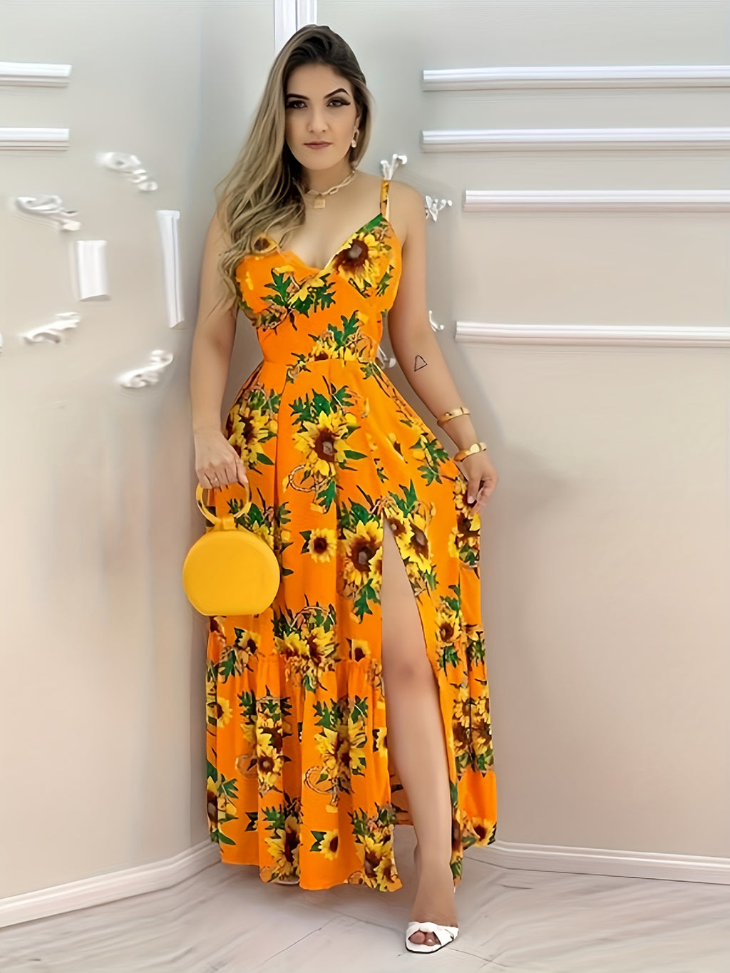 Women's New Elegant Printed Slit Spaghetti Suspender Dress - Casual Party Vacation Maxi Dress, Fashionable Casual Attire - Mixed colors