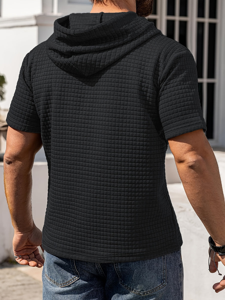 Men's Casual Summer New Arrival Short-Sleeve Versatile Fashionable Sporty Comfortable Trendy Loose Waffle Knit Hooded T-Shirt - Black