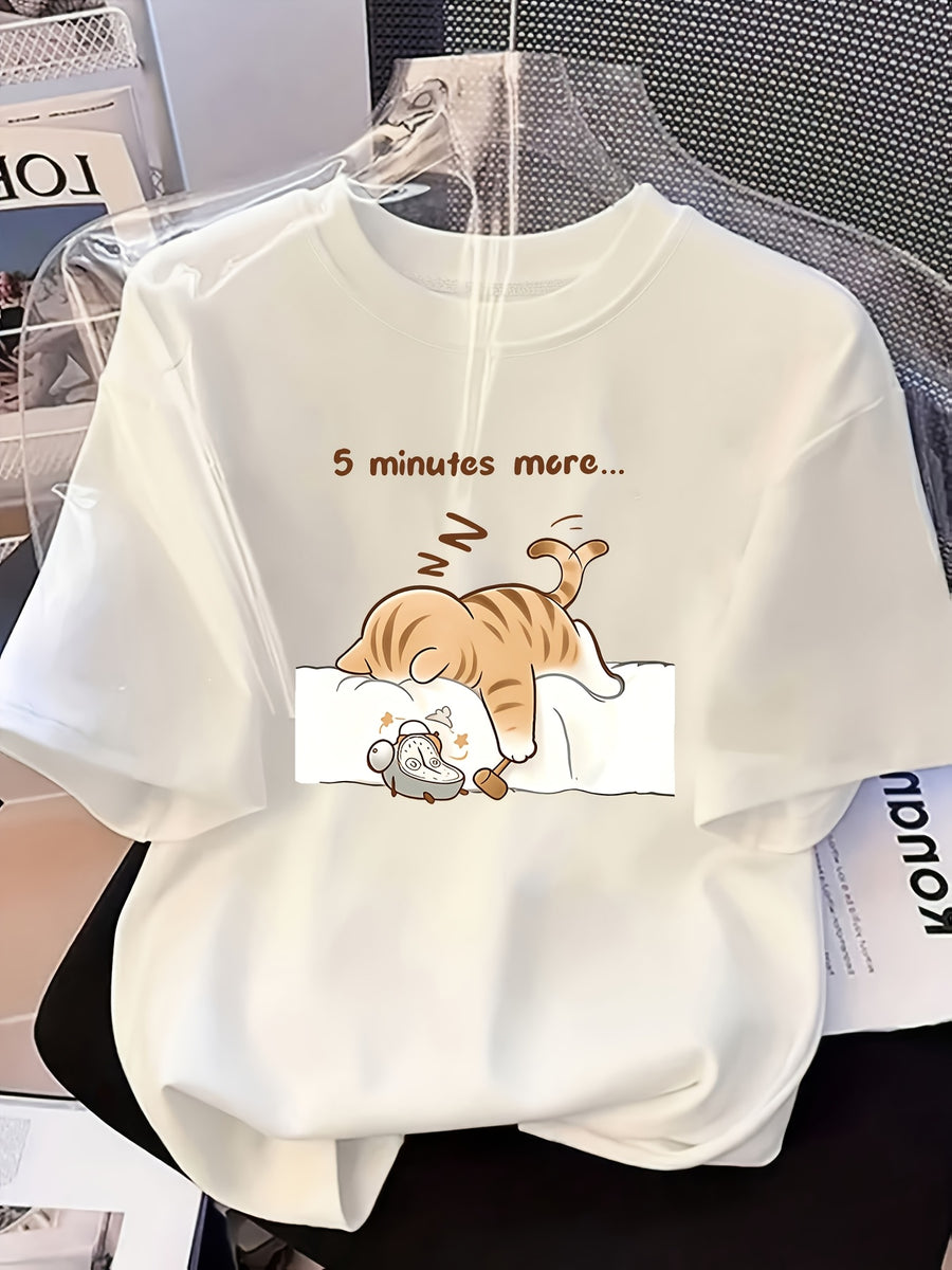 Plus Size - Plus Size - Women'S Summer Round Neck Short Sleeve T-Shirt, "Sleeping Cat" English Letter Print, Suitable for Summer, Beach, Street, Daily, Work, Office Party, Outing, Carnival, Music Festival, Valentine'S Day - White