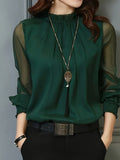 Women's Elegant Office and Daily Shirt - Stand Collar Long Sleeve Non-Sheer Professional Top, All-Season Machine Washable Formal Casual Style Q305 - Dark Green