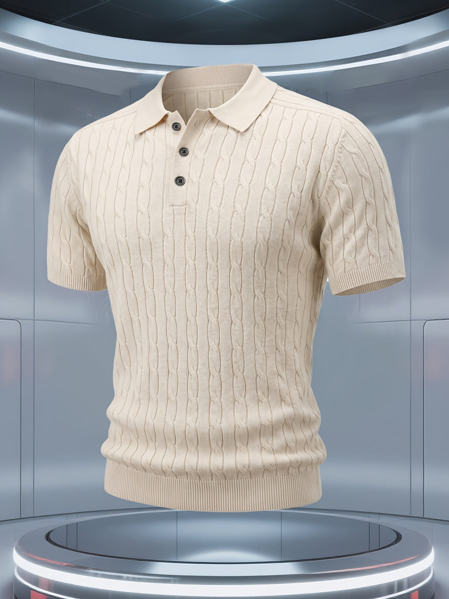 Short Sleeve Knit Sweater 2026 Spring/Summer New Arrival Cable Knit Lapel Slimming Pullover Top, Vertical Stripes with Intricate Cable Knit Slimming Texture, Light Luxury Business High-Quality Style, Fashionable, Simple, and Handsome - Apricot