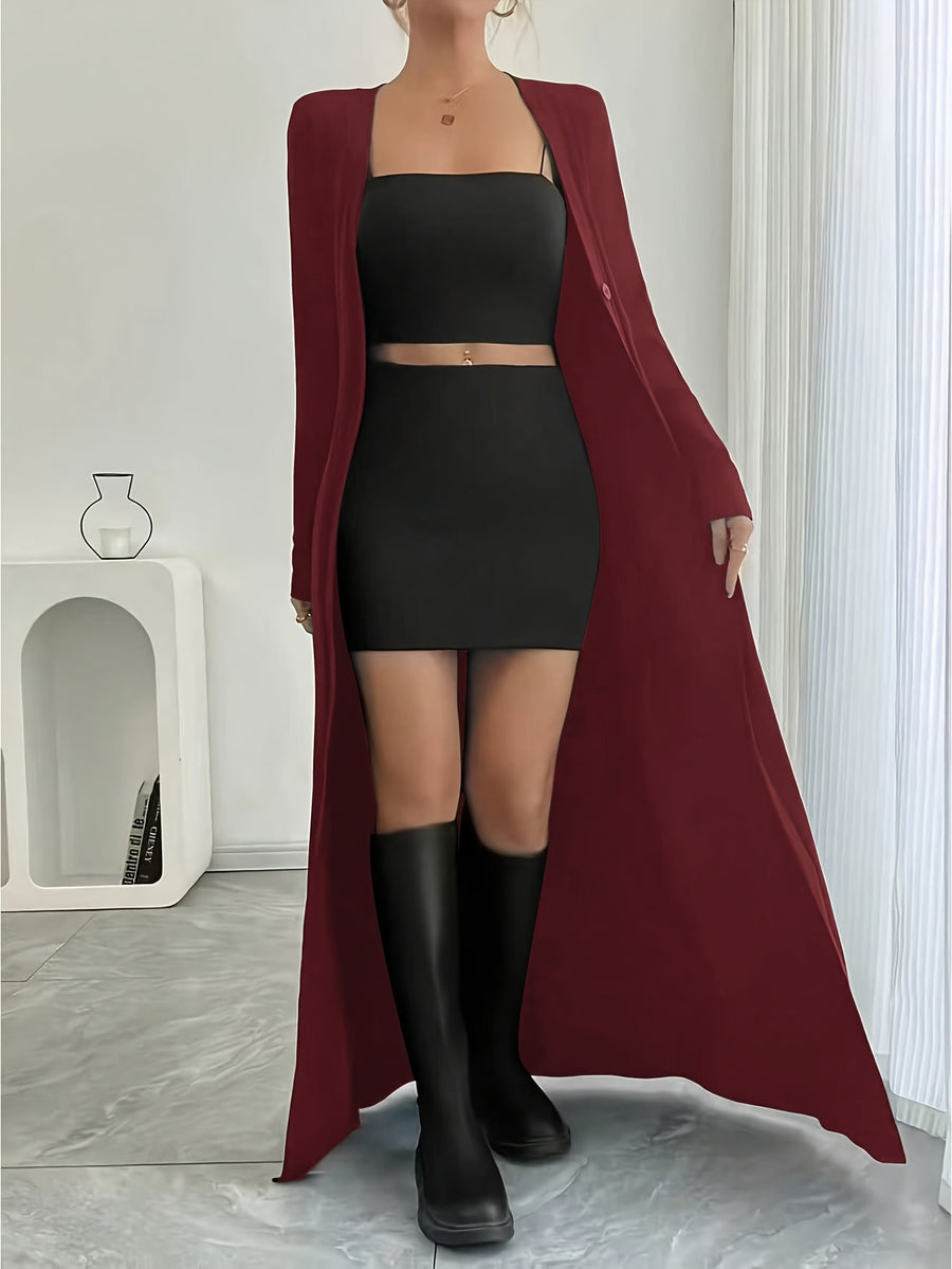 New Spring/Autumn Women's European and American Style Daily Solid Color Long Button-Up Cardigan, Long Sleeve, Slim Fit, Casual Commuter Outerwear - Burgundy