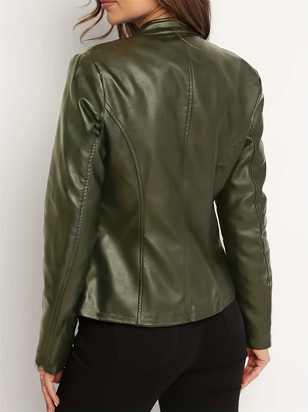 Women's Elegant PU Jacket - 2025 New Style Women's Jacket Outerwear - Full Zip Long Sleeve Motorcycle Biker Jacket for Women, Spring, Autumn, Winter Outerwear, Suitable for Casual and Formal Wear, Durable, Structured Fit, Stand Collar - Dark Green