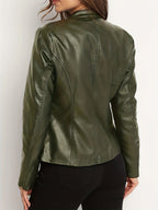 Women's Elegant PU Jacket - 2025 New Style Women's Jacket Outerwear - Full Zip Long Sleeve Motorcycle Biker Jacket for Women, Spring, Autumn, Winter Outerwear, Suitable for Casual and Formal Wear, Durable, Structured Fit, Stand Collar - Dark Green