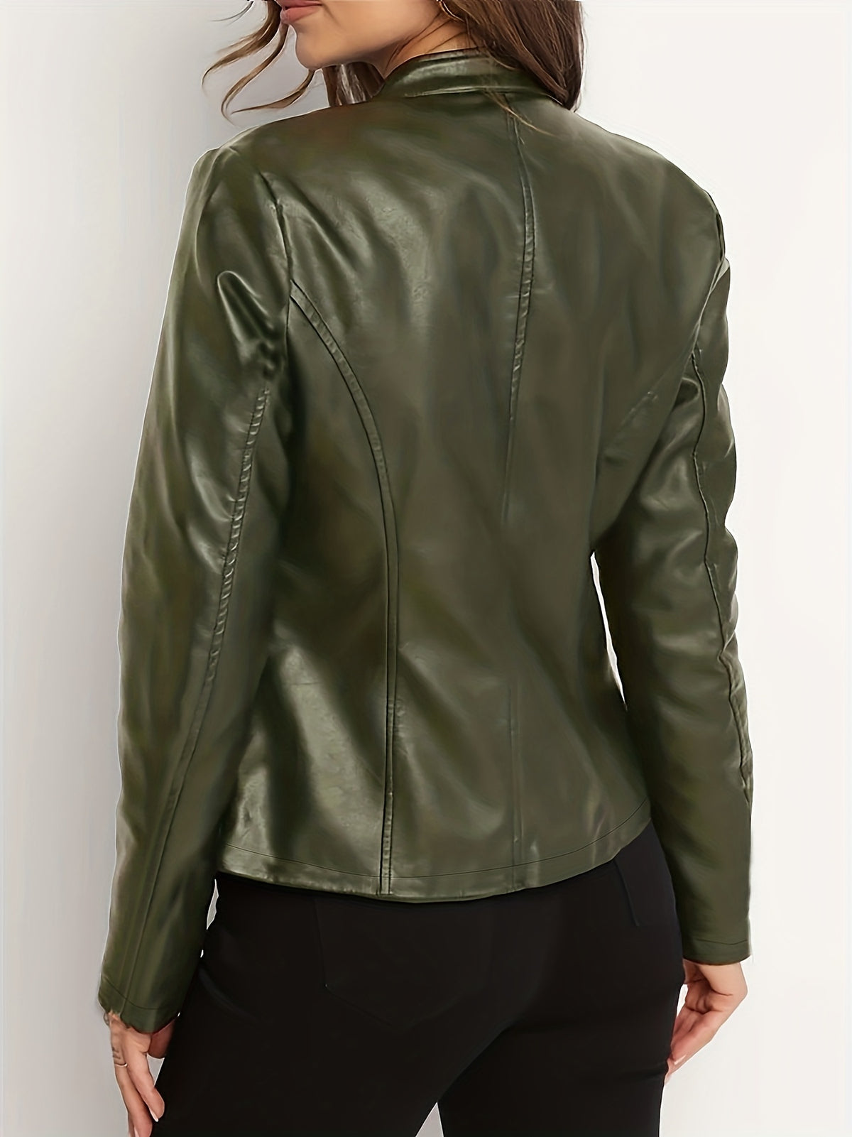 Women's Elegant PU Jacket - 2025 New Style Women's Jacket Outerwear - Full Zip Long Sleeve Motorcycle Biker Jacket for Women, Spring, Autumn, Winter Outerwear, Suitable for Casual and Formal Wear, Durable, Structured Fit, Stand Collar - Dark Green