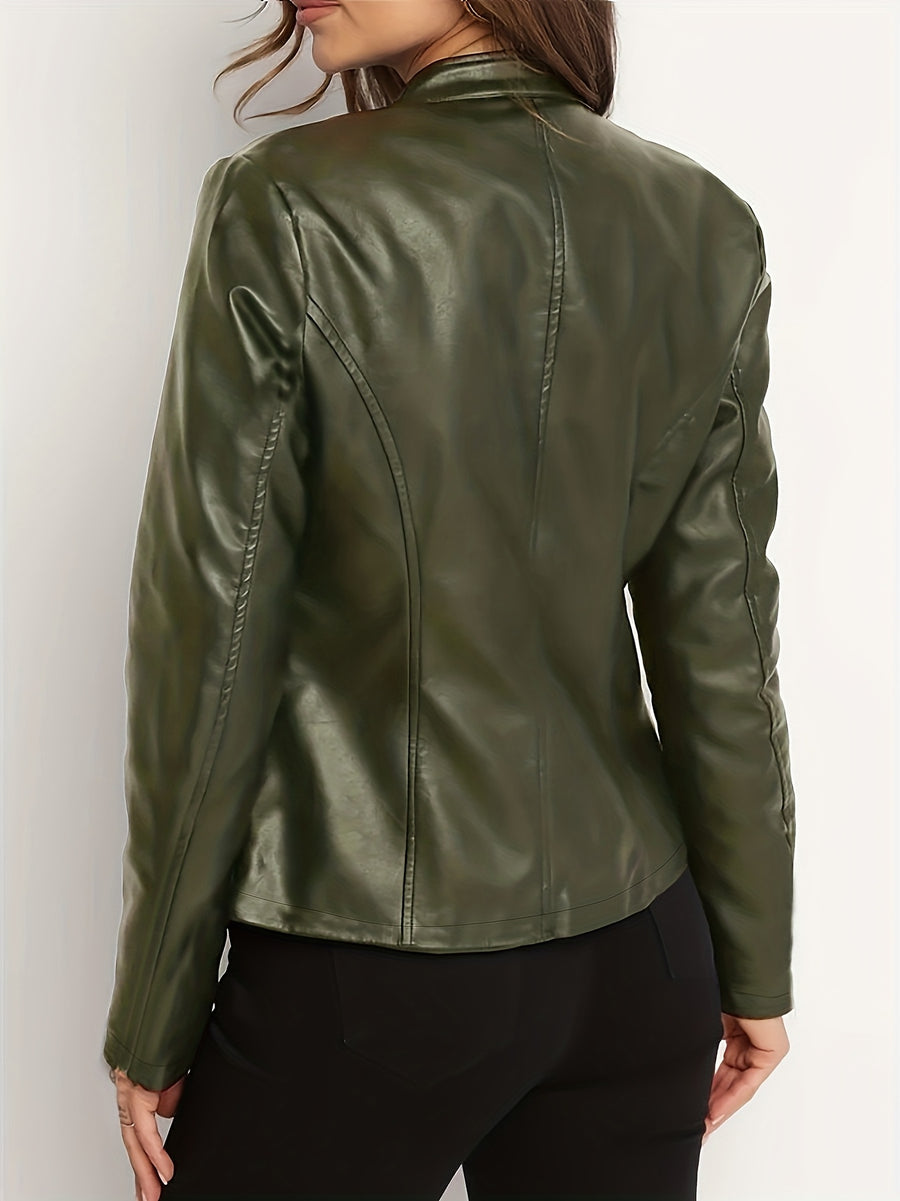 Women's Elegant PU Jacket - 2025 New Style Women's Jacket Outerwear - Full Zip Long Sleeve Motorcycle Biker Jacket for Women, Spring, Autumn, Winter Outerwear, Suitable for Casual and Formal Wear, Durable, Structured Fit, Stand Collar - Dark Green