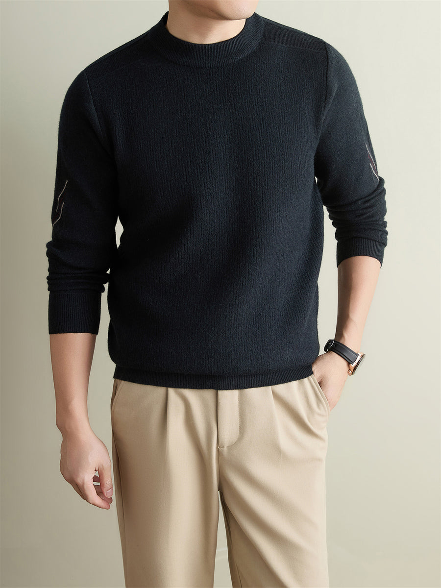 Autumn Winter Knit 3D Solid Round Neck Sweater, Basic Knit Pullover Top for Men, Fashionable Long Sleeve Sweater, Size Y - Deep Gray
