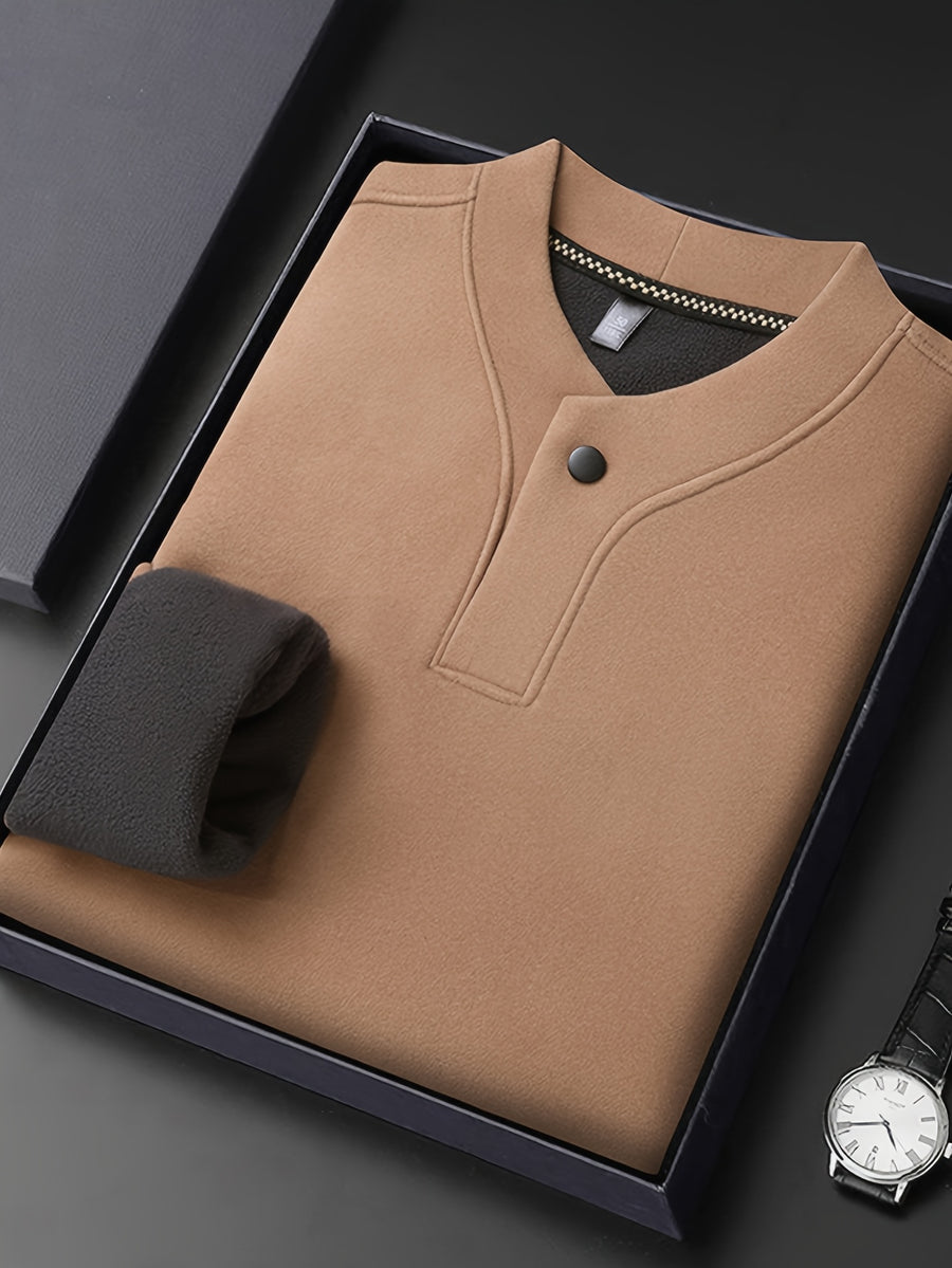Men'S Single-Button Henley Collar Fleece Long Sleeve Top, Solid Color Minimalist Design Without LOGO, Light Luxury Easy Men'S Style - SINBOS - Camel