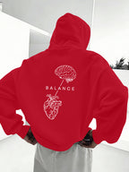 Minimalist Trendy Unisex Hoodie with Brain And Heart Balance Print - Red