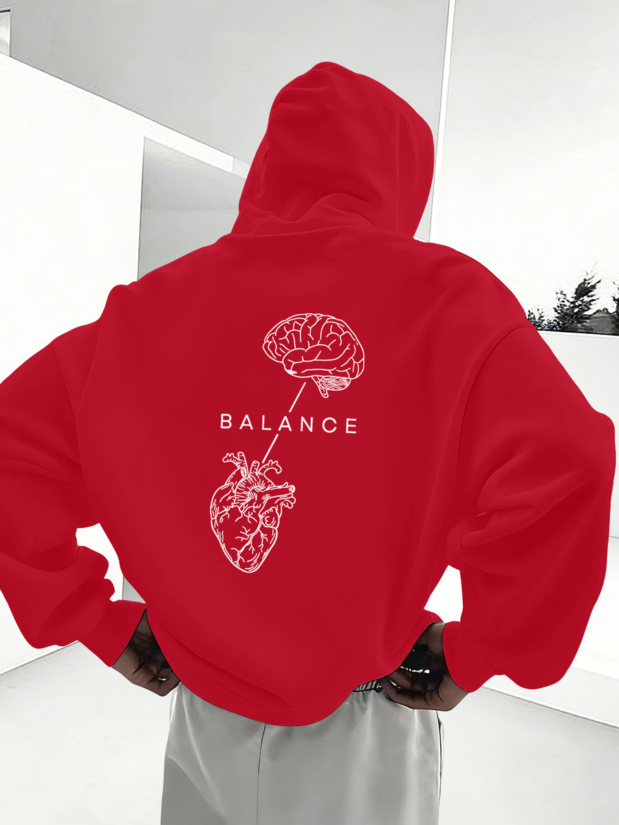 Minimalist Trendy Unisex Hoodie with Brain And Heart Balance Print - Red