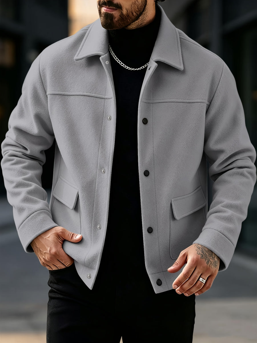 Men's New Autumn/Winter Lapel Tweed Jacket, Loose Drop-Shoulder Snap-Button Design, Multi-Pocket Workwear Style, Business Casual Versatile Outerwear Top - Grey