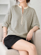 Spring Summer Women'S Fashion Half-Zip Stand Collar Ribbed Fabric Easy Casual Style Daily Commute Top - Apricot