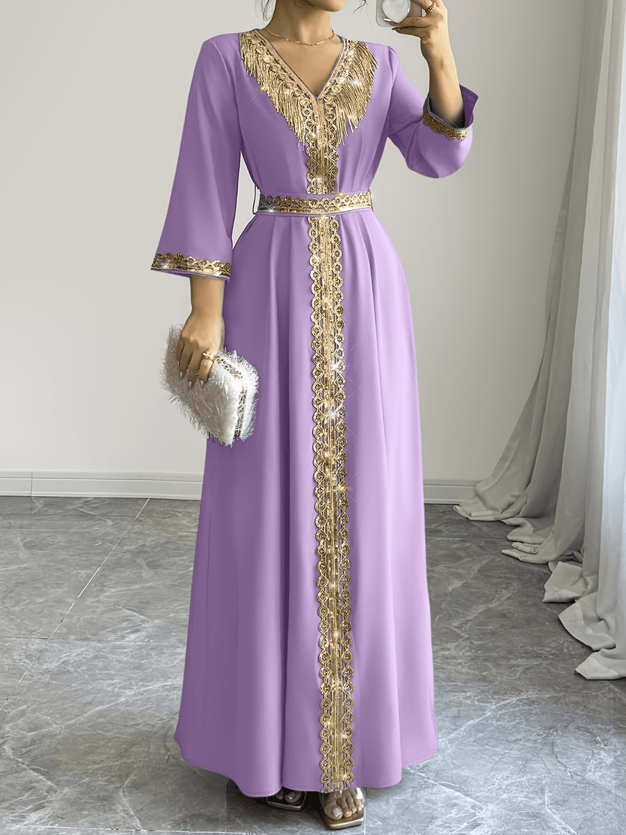 2026 New Abaya Robe Style Kimono Sleeve Long Dress V-Neck Caftan Robe Wrap Style Front Panel High Waist Empire Line Floor Length Dress Golden Lace Trim Sequined Embroidery Golden Bead Trim Golden Contrast Ruffle Tie Waist Skirt Muslim Fashion Arabic - Purple