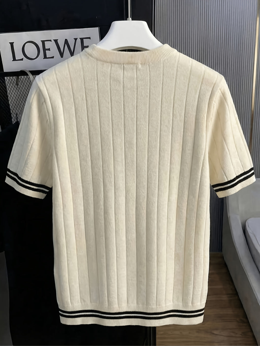 Men's Color-Block Striped Trim Vertical Ribbed Short-Sleeve Knit Shirt, Summer Slim Fit Crew Neck Fiber Fabric Touch Knit T-Shirt - Apricot