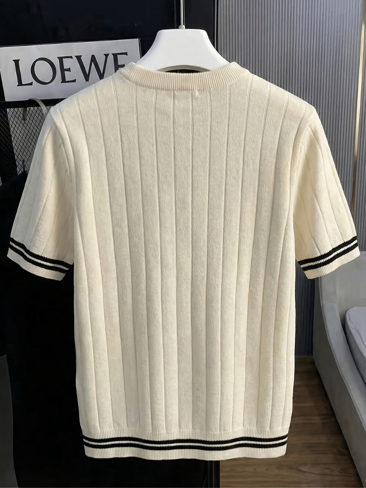 Men's Color-Block Striped Trim Vertical Ribbed Short-Sleeve Knit Shirt, Summer Slim Fit Crew Neck Fiber Fabric Touch Knit T-Shirt - Apricot