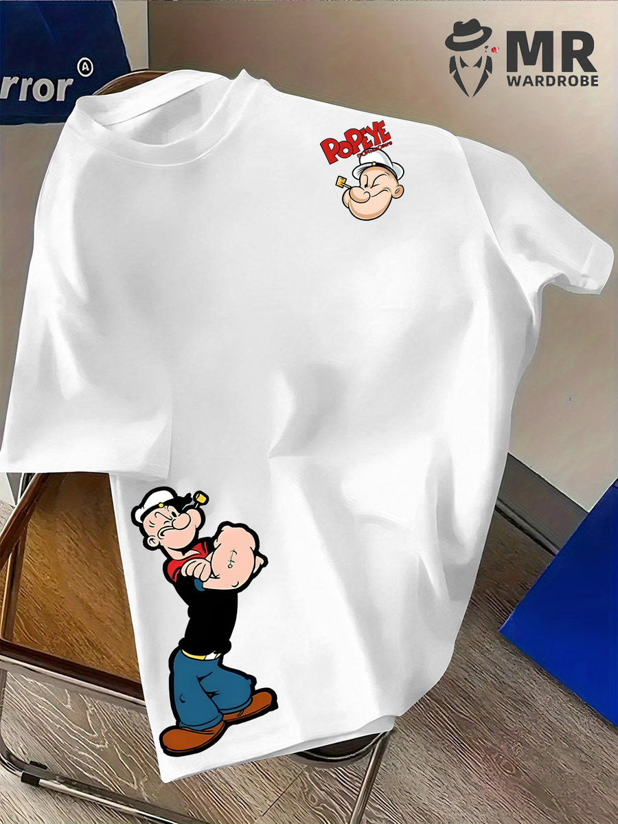 Men's Popeye the Sailorman Retro Graphic Short Sleeve T-Shirt - Vintage Cartoon Print, Breathable Knit Fabric, Regular Fit Round Neck Casual Summer Tee for Casual Attire, Machine Washable Top, Soft Texture Shirt - White