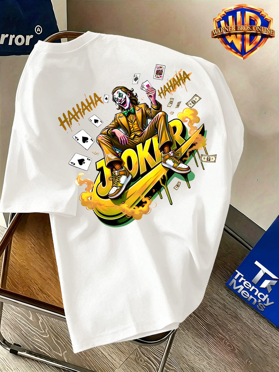 Warner Bros. Official Men's 100% Short-Sleeve T-Shirt, American Cool Vibe with Villain Illustration. Features a Simple Logo on the Chest and a Dynamic Joker Character Depiction on the Back, Incorporating American Streetwear Elements with Bold - White