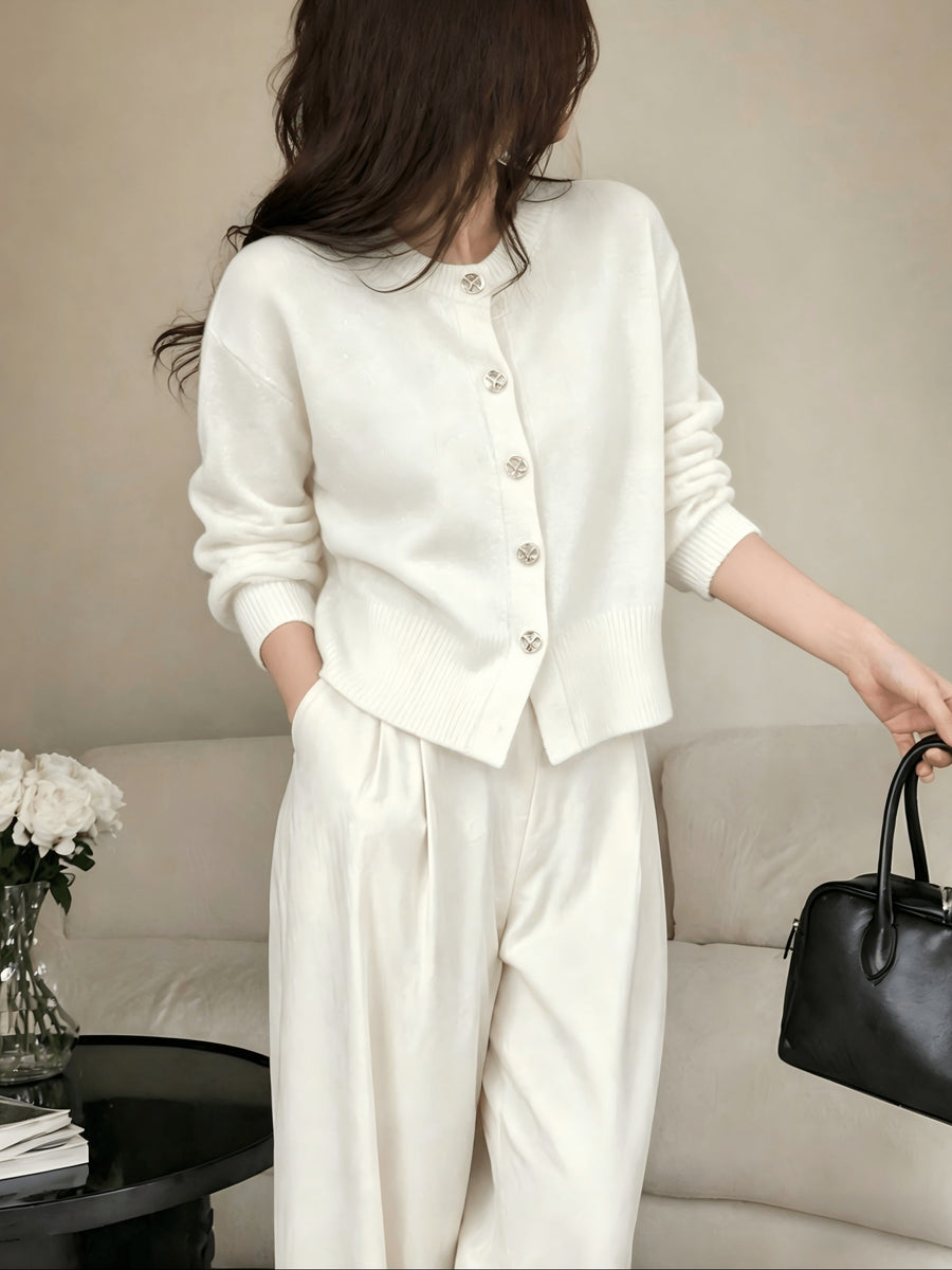 Cozy Women's Cardigan with Floral Button Accents, Soft Stylish Cardigan for Casual Daily Wear - White
