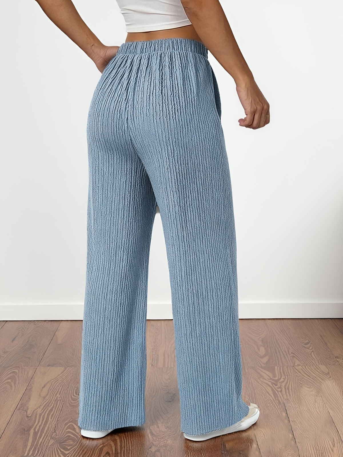 Spring/Autumn Women's Flowy Casual Straight-Leg Pants, Loose-Fit Breathable Wide-Leg Trousers with Faux Drawstring and Pockets, Comfortable and Versatile Summer Outdoor Pants - Light Blue