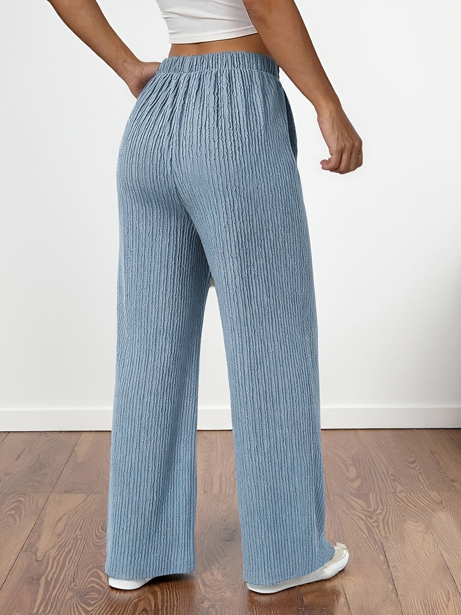 Spring/Autumn Women's Flowy Casual Straight-Leg Pants, Loose-Fit Breathable Wide-Leg Trousers with Faux Drawstring and Pockets, Comfortable and Versatile Summer Outdoor Pants - Light Blue
