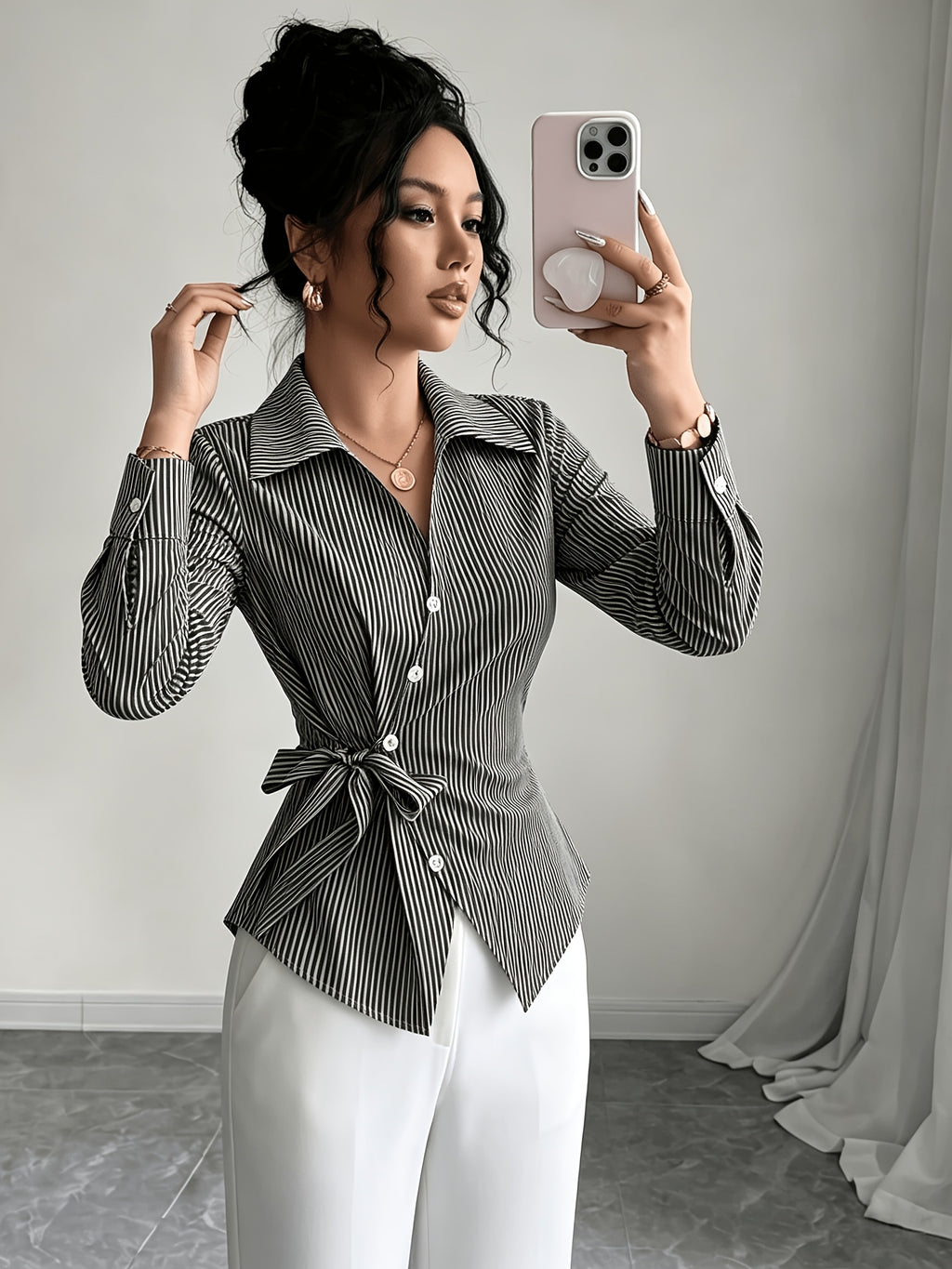 Stylish Long-sleeved Womens Shirt a New Luxuryversatile Top That Helps to Conceal Body Flaws and Create a Slimmer Appearancestripedtiedback Shirt for Women. - Black
