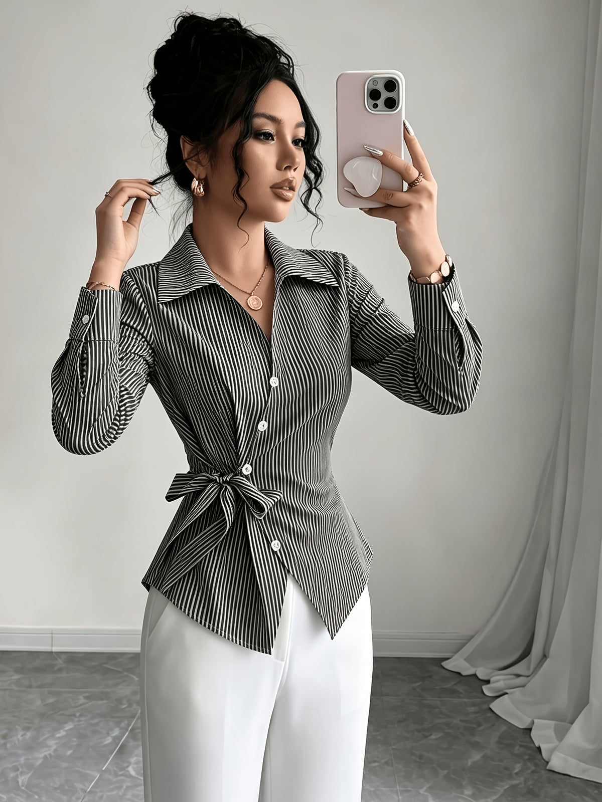 Stylish Long-sleeved Womens Shirt a New Luxuryversatile Top That Helps to Conceal Body Flaws and Create a Slimmer Appearancestripedtiedback Shirt for Women. - Black