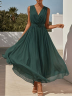 2026 Summer 3D Floral Pleated Waist Ruffled Gauze V-Neck Sleeveless A-Line Flowing Long Dress Suitable for Wedding Evening Gown Banquet Prom Daily Wear Fashionable Premium Connected Mid-Length Bridesmaid Dress [ZLLZ] - Dark Green