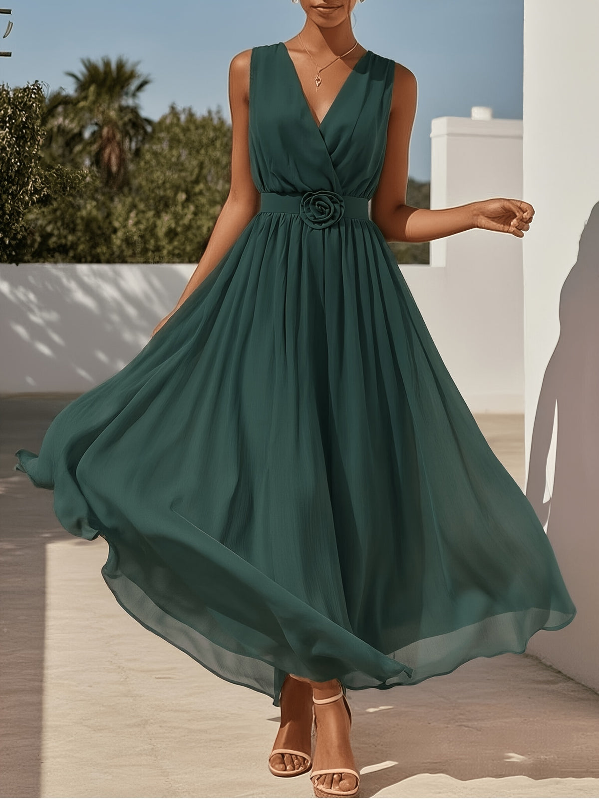 2026 Summer 3D Floral Pleated Waist Ruffled Gauze V-Neck Sleeveless A-Line Flowing Long Dress Suitable for Wedding Evening Gown Banquet Prom Daily Wear Fashionable Premium Connected Mid-Length Bridesmaid Dress [ZLLZ] - Dark Green