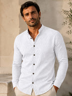 [Know And Give OBM] 3pcs Men'S Casual Long Sleeve Shirts - Lightweight Breathable Solid Color Stand Collar Summer Shirts, Adjustable Cuff with Double Buttons, Suitable for Beach Vacations, Pool Parties, And Outdoor Activities, Ideal Gift - White+blue+black