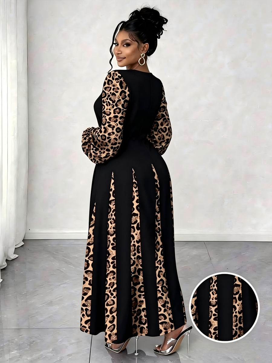 Plus Size Women'S Leopard Patchwork Long Dress, Long Puff Sleeve with Cutout V-Neck A-Line Maxi Skirt, Elegant Party Evening Gown - Black