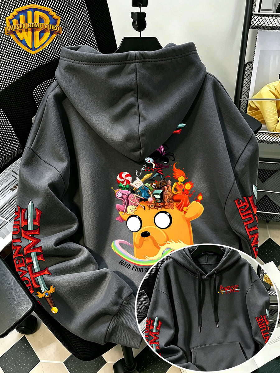 Warner Bros. Men's New Trendy Hoodie with Adventure Time Jake's Head Crowd Cartoon Graphic Print, Casual Hooded Sweatshirt, Daily Drawstring Loose Pullover Top, Machine Washable Versatile Sporty Casual Men's Top - Dark Gray