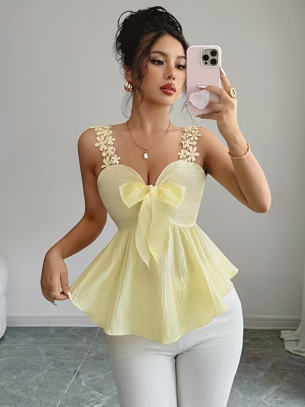 New Women's Lace Strap Camisole Top, Elegant Top, Spring/Summer New Ruffled Hem Stretch Waist Elegant Shirt, Women's Summer Top, Elegant and High-End (zzy Spring/Summer) - 【Light Yellow】