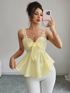 New Women's Lace Strap Camisole Top, Elegant Top, Spring/Summer New Ruffled Hem Stretch Waist Elegant Shirt, Women's Summer Top, Elegant and High-End (zzy Spring/Summer) - 【Light Yellow】